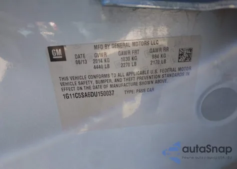 2013 Chevrolet Malibu 1Lt z USA, uszkodzony, nr VIN 1G11C5SA6DU150037